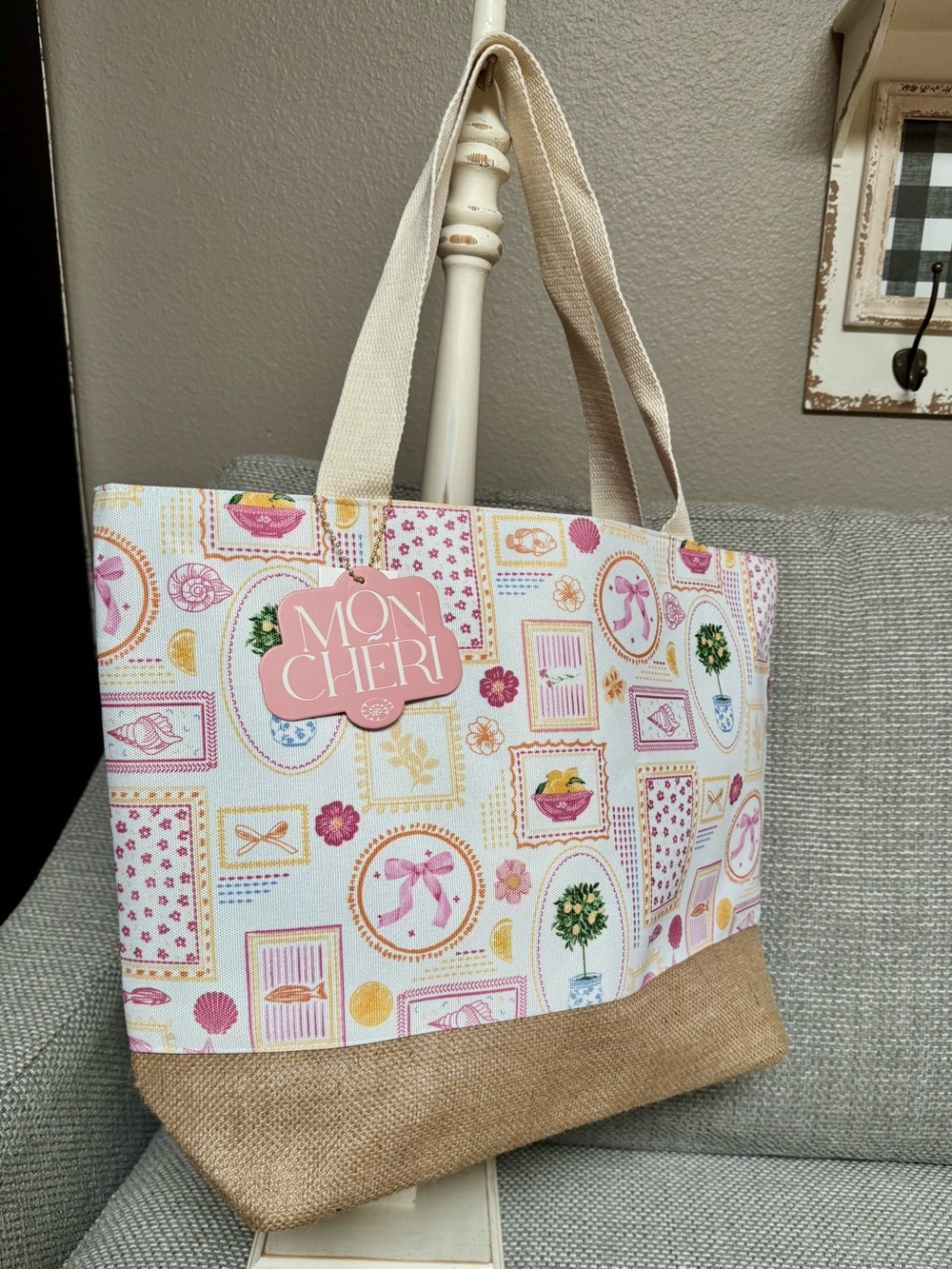🍋 New Lemon Tree, Pink Nautical & Floral Canvas Tote Book Bag Reusable Burlap NW